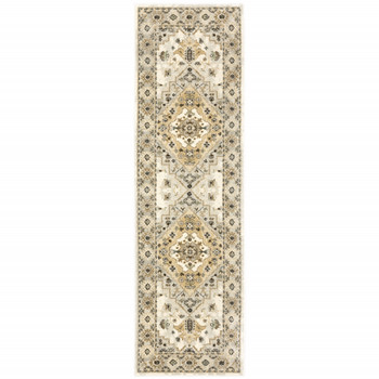 2' x 8' Beige Grey Tan and Brown Oriental Power Loom Stain Resistant Runner Rug