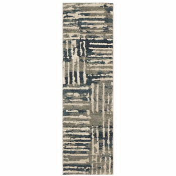 2' x 8' Blue and Beige Abstract Power Loom Stain Resistant Runner Rug