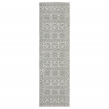 2' x 8' Grey and White Floral Power Loom Stain Resistant Runner Rug