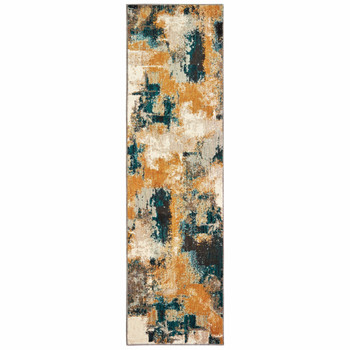 2' x 8' Blue and Gold Abstract Strokes Runner Rug