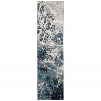 2' x 8' Grey Teal and Green Abstract Power Loom Stain Resistant Runner Rug