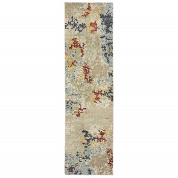 2' x 8' Beige and Blue Abstract Power Loom Stain Resistant Runner Rug