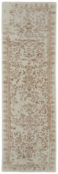 2' x 8' Ivory Tan and Pink Wool Floral Tufted Handmade Distressed Runner Rug