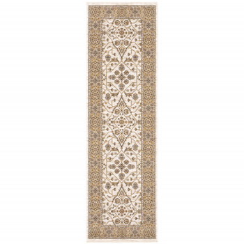 2' x 8' Ivory & Gold Oriental Power Loom Polyester Runner Rug with Fringe