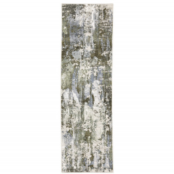 2' x 8' Green Blue Grey Ivory and Brown Abstract Power Loom Runner Rug