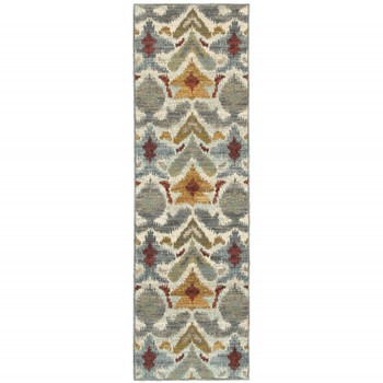 2' x 8' Ivory Grey Rust Gold and Blue Abstract Power Loom Stain Resistant Runner Rug