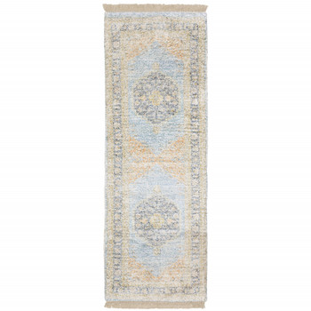 2' x 8' Blue and Beige Oriental Hand Loomed Stain Resistant Runner Rug with Fringe