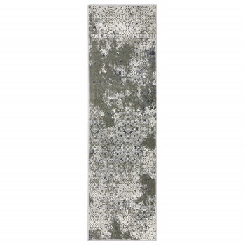 2' x 8' Ivory Grey Blue and Taupe Abstract Power Loom Stain Resistant Runner Rug