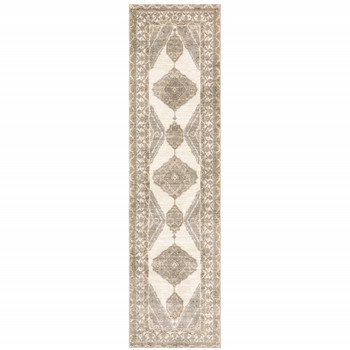 2' x 8' Beige and Ivory Oriental Power Loom Stain Resistant Runner Rug