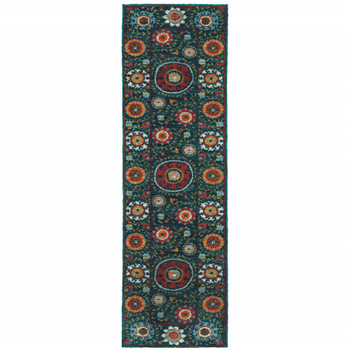 2' x 8' Teal Blue Rust Gold and Ivory Floral Power Loom Stain Resistant Runner Rug