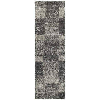 2' x 8' Charcoal Silver and Grey Geometric Shag Power Loom Stain Resistant Runner Rug