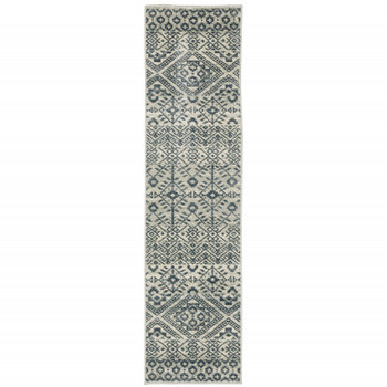 2' x 8' Blue and Beige Geometric Power Loom Stain Resistant Runner Rug