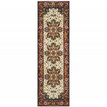 2' x 8' Red and Ivory Oriental Power Loom Stain Resistant Runner Rug