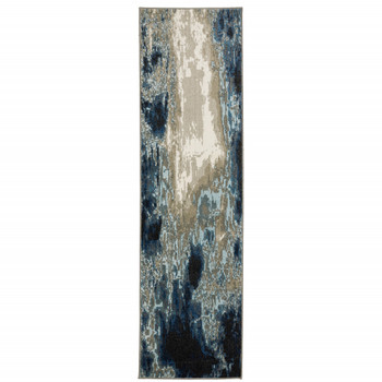 2' x 8' Blue Grey Charcoal and Beige Abstract Power Loom Stain Resistant Runner Rug