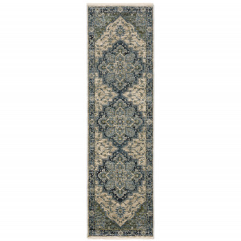 2' x 8' Blue and Beige Oriental Power Loom Runner Rug with Fringe