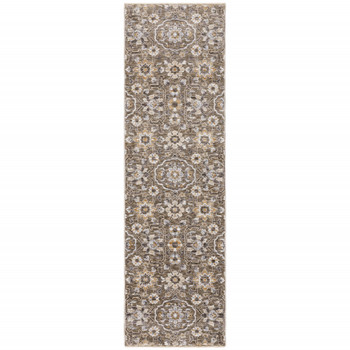 2' x 8' Grey and Tan Floral Power Loom Stain Resistant Runner Rug with Fringe