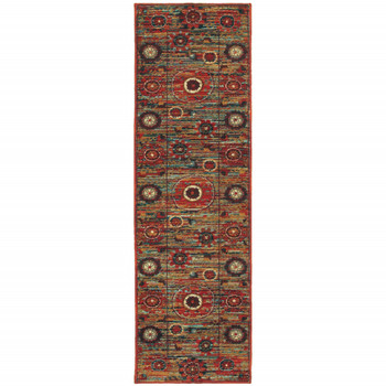 2' x 8' Red Gold Orange Green Ivory Rust and Blue Floral Power Loom Runner Rug