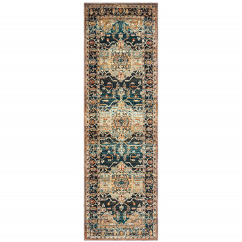 2' x 8' Blue Gold Grey Orange Ivory and Teal Oriental Power Loom Runner Rug