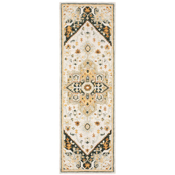 2' x 8' Ivory Charcoal Gold Clay and Muted Blue Oriental Tufted Handmade Runner Rug