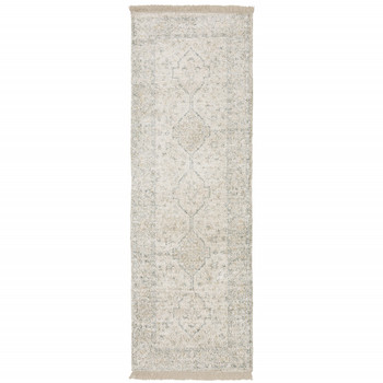 2' x 8' Beige and Charcoal Oriental Hand Loomed Stain Resistant Runner Rug with Fringe