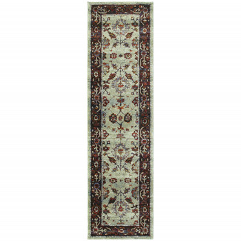 2' x 8' Stone and Red Oriental Power Loom Stain Resistant Runner Rug