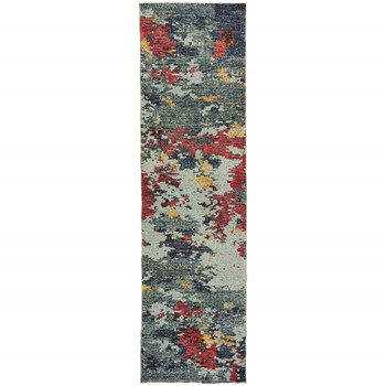 2' x 8' Blue and Red Abstract Power Loom Stain Resistant Runner Rug