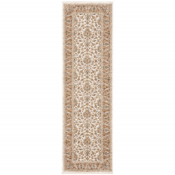 2' x 8' Rust and Ivory Oriental Power Loom Stain Resistant Runner Rug with Fringe