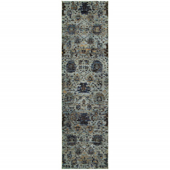 2' x 8' Blue and Navy Oriental Power Loom Stain Resistant Runner Rug