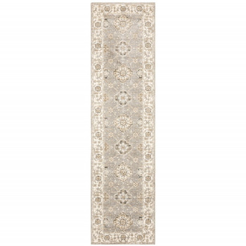 2' x 8' Grey Ivory Tan Brown and Gold Oriental Power Loom Stain Resistant Runner Rug