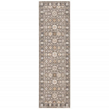 2' x 8' Grey and Ivory Oriental Power Loom Stain Resistant Runner Rug with Fringe