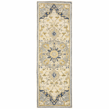 2' x 8' Blue and Ivory Bohemian Runner Rug