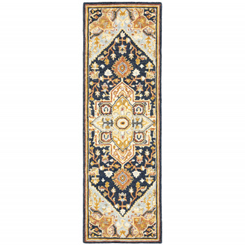 2' x 8' Navy Rust Blue Ivory and Gold Oriental Tufted Handmade Runner Rug