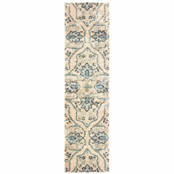 2' x 8' Ivory and Blue Floral Power Loom Stain Resistant Runner Rug