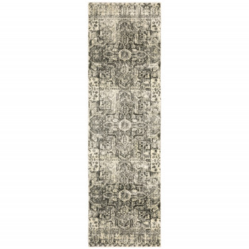 2' x 8' Grey Ivory and Brown Oriental Power Loom Stain Resistant Runner Rug