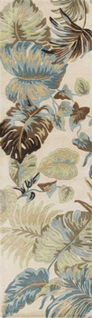 2' x 8' Ivory Blue Hand Tufted Tropical Leaves Indoor Runner Rug