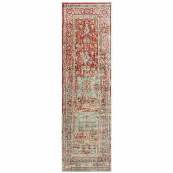 2' x 8' Grey and Orange Oriental Power Loom Stain Resistant Runner Rug