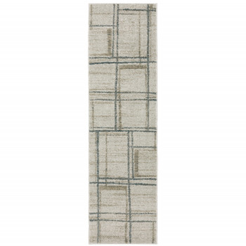 2' x 8' Grey Teal Beige and Tan Geometric Power Loom Stain Resistant Runner Rug