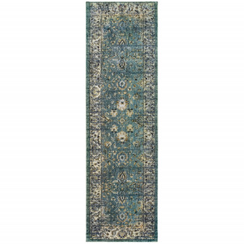 2' x 8' Peacock Blue and Ivory Indoor Runner Rug