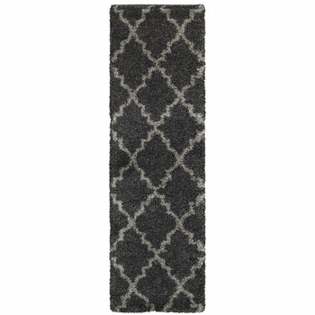 2' x 8' Charcoal and Grey Geometric Shag Power Loom Stain Resistant Runner Rug