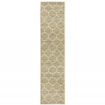 2' x 8' Beige & Ivory Geometric Power Loom Stain Resistant Runner Rug