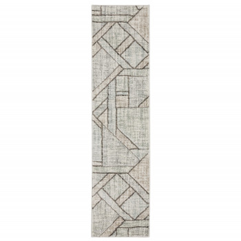 2' x 8' Grey Beige Sage Brown Tan Charcoal and Pale Blue Geometric Power Loom Runner Rug