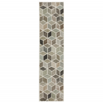 2' x 8' Beige Brown Grey Tan Sage and Pale Blue Geometric Power Loom Runner Rug