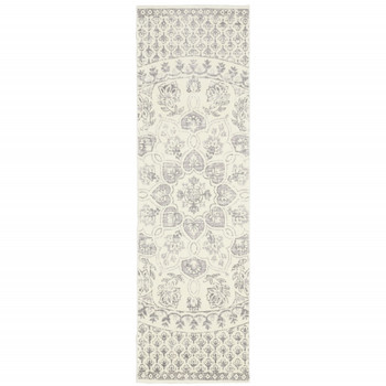 2' x 8' Ivory and Grey Floral Power Loom Stain Resistant Runner Rug