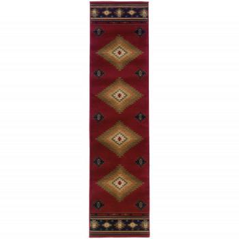 2' x 8' Red and Beige Ikat Pattern Runner Rug