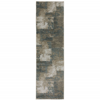 2' x 8' Teal Blue Grey Tan and Beige Geometric Power Loom Stain Resistant Runner Rug