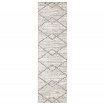 2' x 8' Ivory & Grey Geometric Shag Power Loom Stain Resistant Runner Rug