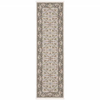 2' x 8' Ivory and Grey Oriental Power Loom Stain Resistant Runner Rug with Fringe