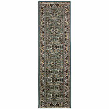 2' x 8' Navy Blue Green Red Ivory and Yellow Oriental Power Loom Runner Rug