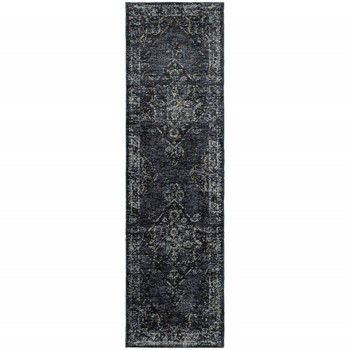 2' x 8' Blue and Brown Oriental Power Loom Stain Resistant Runner Rug