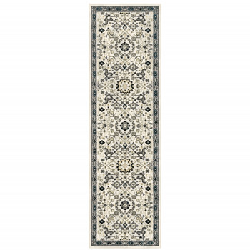 2' x 8' Ivory Navy and Gold Oriental Power Loom Stain Resistant Runner Rug